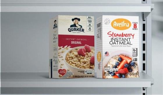 Avelina oatmeal on the shelf beside the category leader