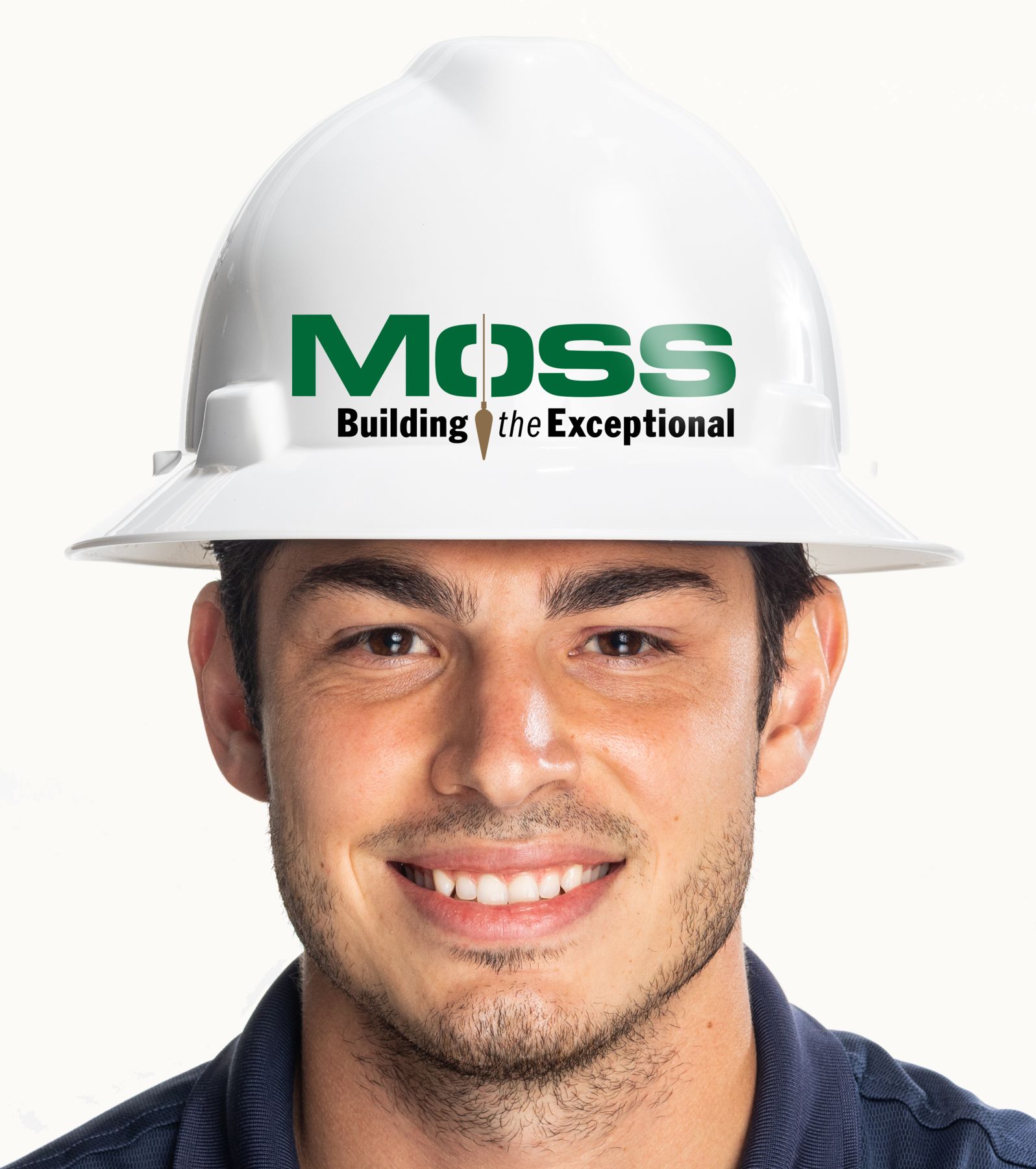 A Moss worker in a branded hard hat