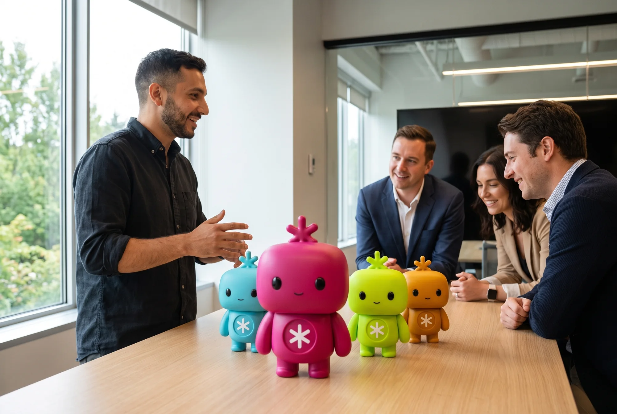 Ricardo De La Blanca showing a client team how to use the RDLB agents, set up as vinyl toys on the table
