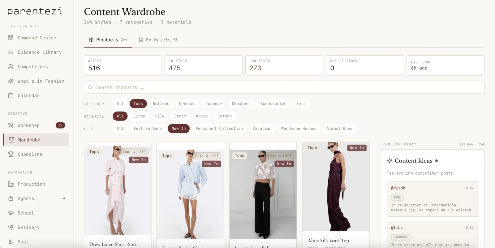 Parentezi Content Wardrobe — the live product catalog the system creates against