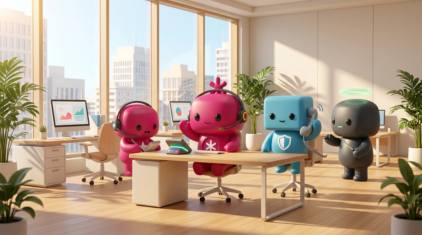 The RDLB agent cast at their desks — two in headsets taking notes, Guardrail holding a phone handset, and the orchestrator standing by.