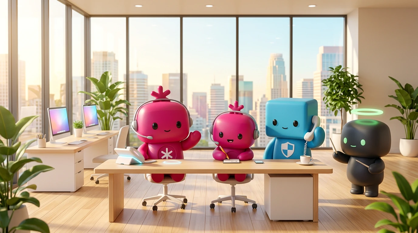 The RDLB agent cast answering client calls together in a sunlit office