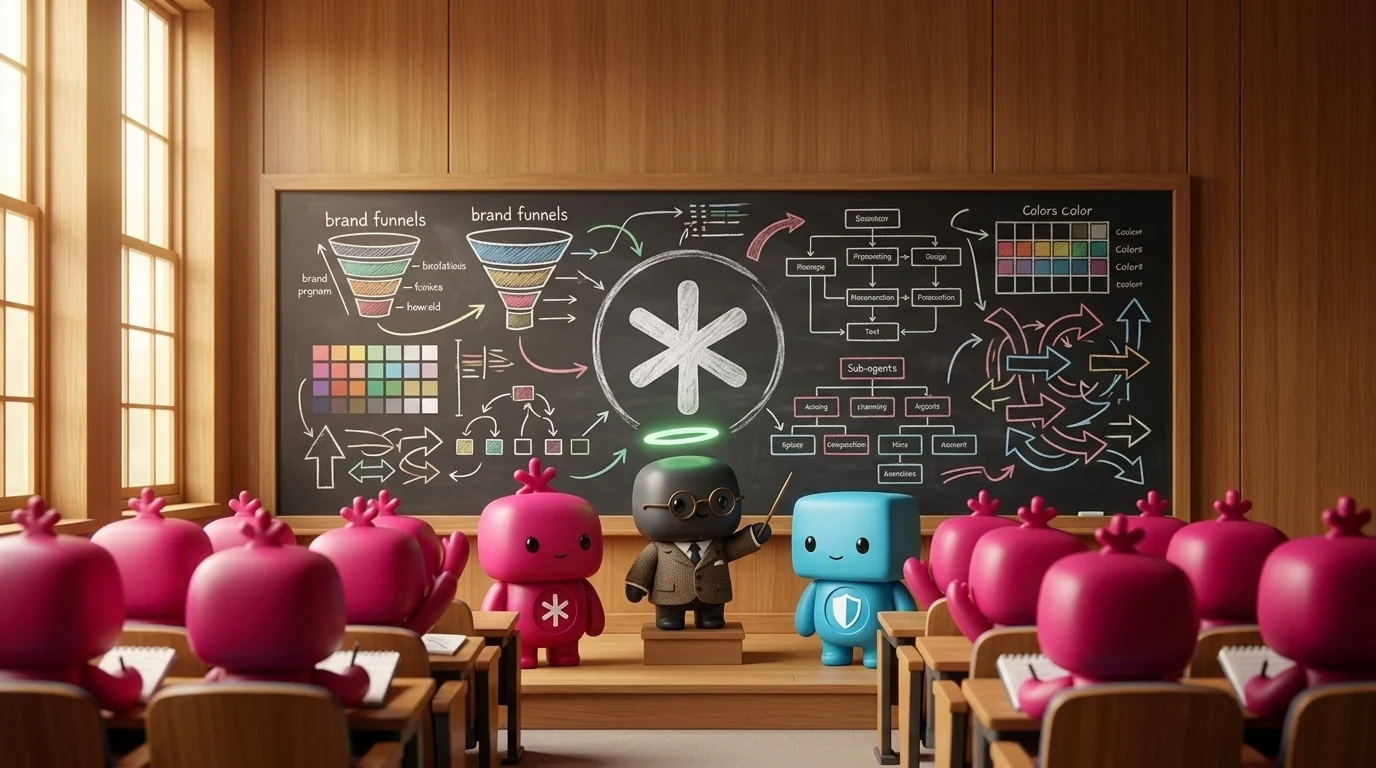 The Orchestrator agent, dressed as a professor, teaching Achilles, the Guardrail and the sub-agents about branding in a lecture hall