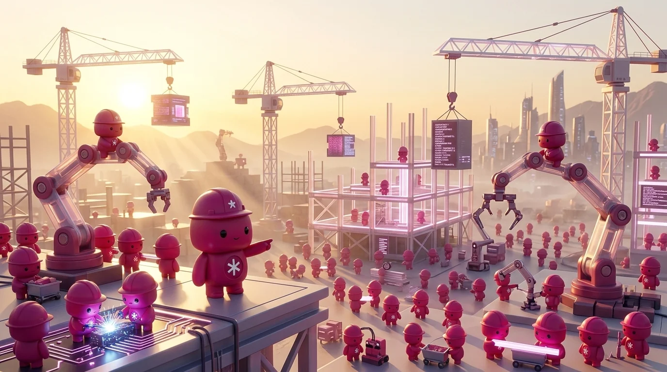 Hundreds of RDLB agents building glowing digital infrastructure with cranes on a vast construction site at golden hour