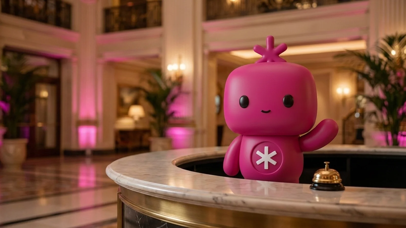 An RDLB agent as a concierge behind a marble reception desk in a grand hotel lobby.