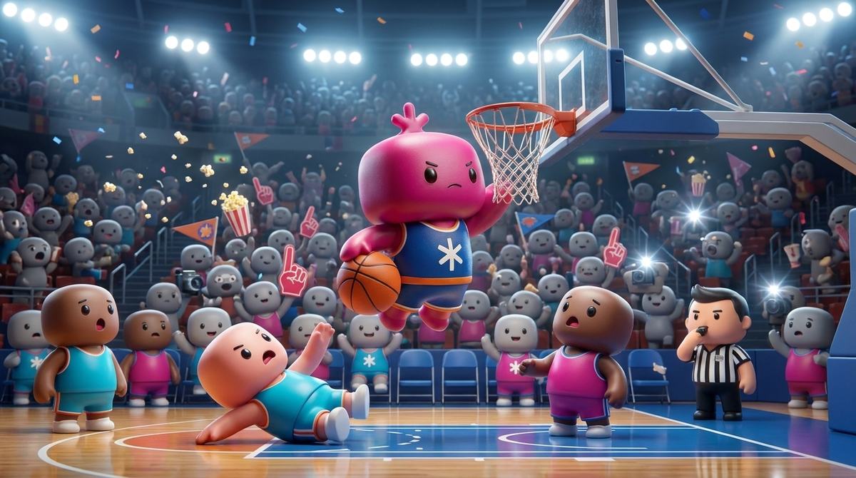 Achilles dunks a basketball before a packed, confetti-filled arena in the closing scene of the RDLB Agentic hero film.