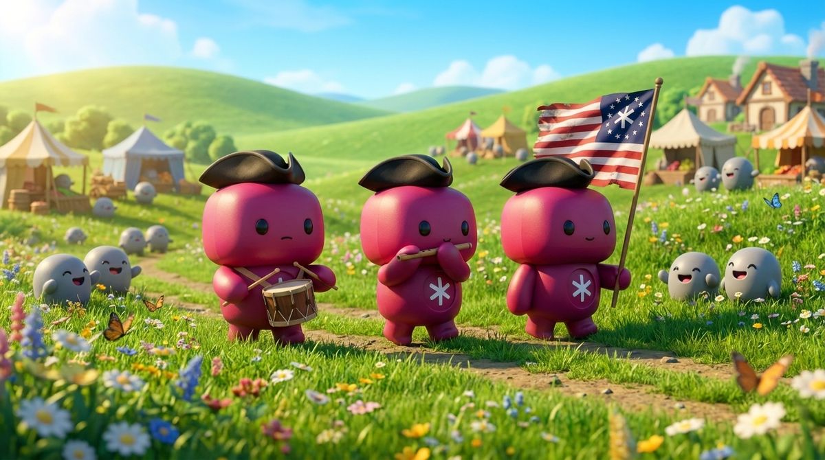 Three magenta mascots in colonial tricorn hats march with drum, fife, and a thirteen-star flag, announcing the RDLB Agentic Independence Pilot.