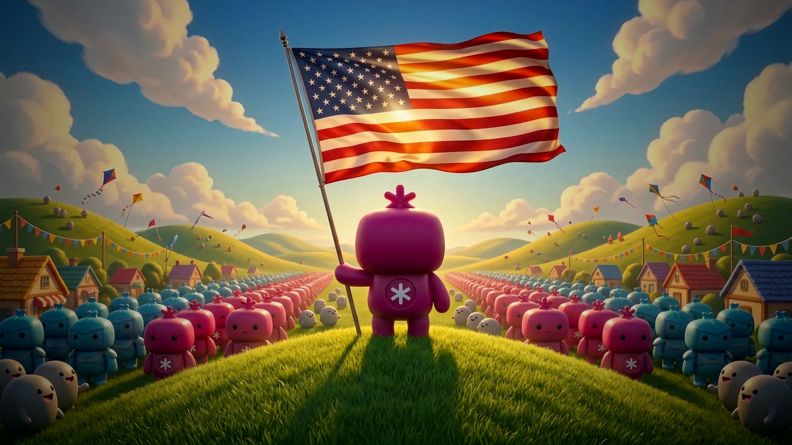 Achilles, the RDLB Agentic mascot, plants the American flag on a green hilltop before rows of cheering characters under a golden summer sky.