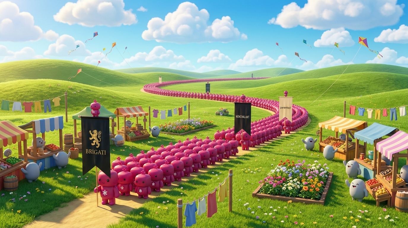 A long column of magenta agents from an Agentic Operating System winds through a sunny valley of market stalls, kites, and flower beds, carrying brand banners.