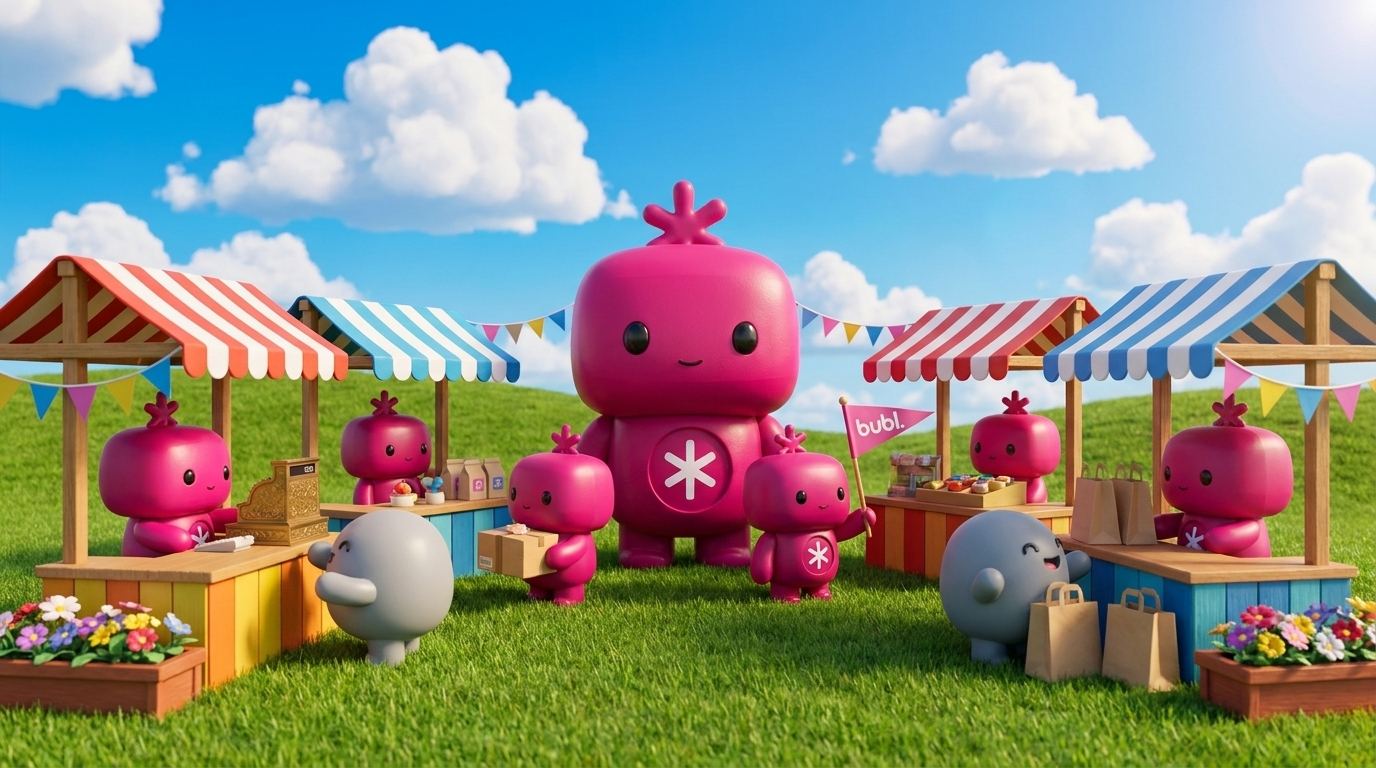Achilles and his crew run cheerful striped market stalls on a green field under a blue sky, agentic marketing open for commerce on day one.