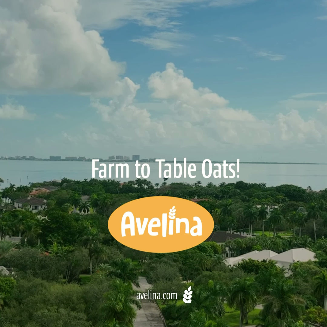 Farm to Table Oats set over an aerial of the groves, with the Avelina mark