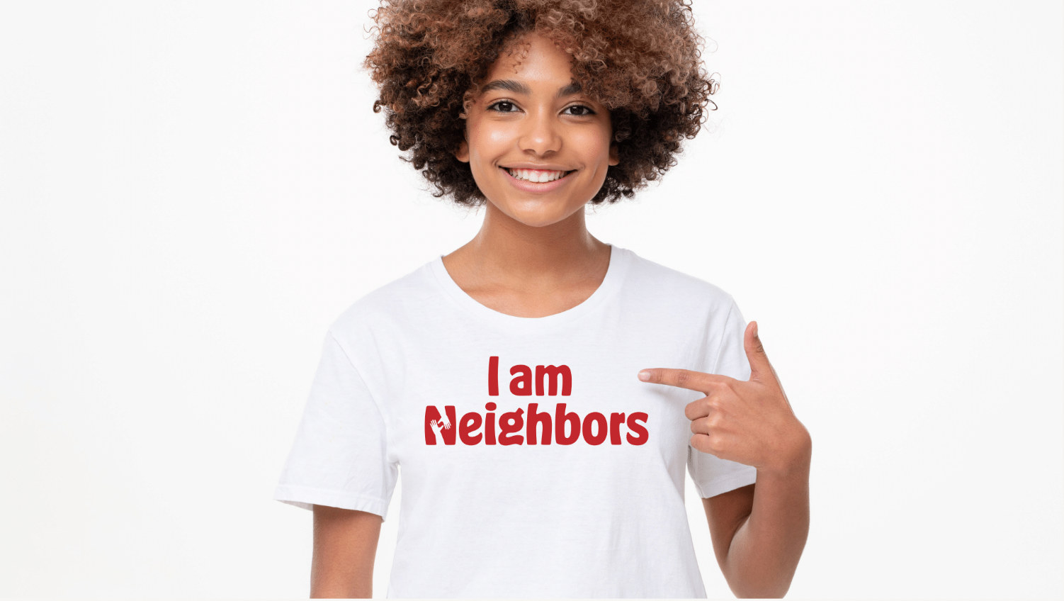 A child in an I am Neighbors t-shirt