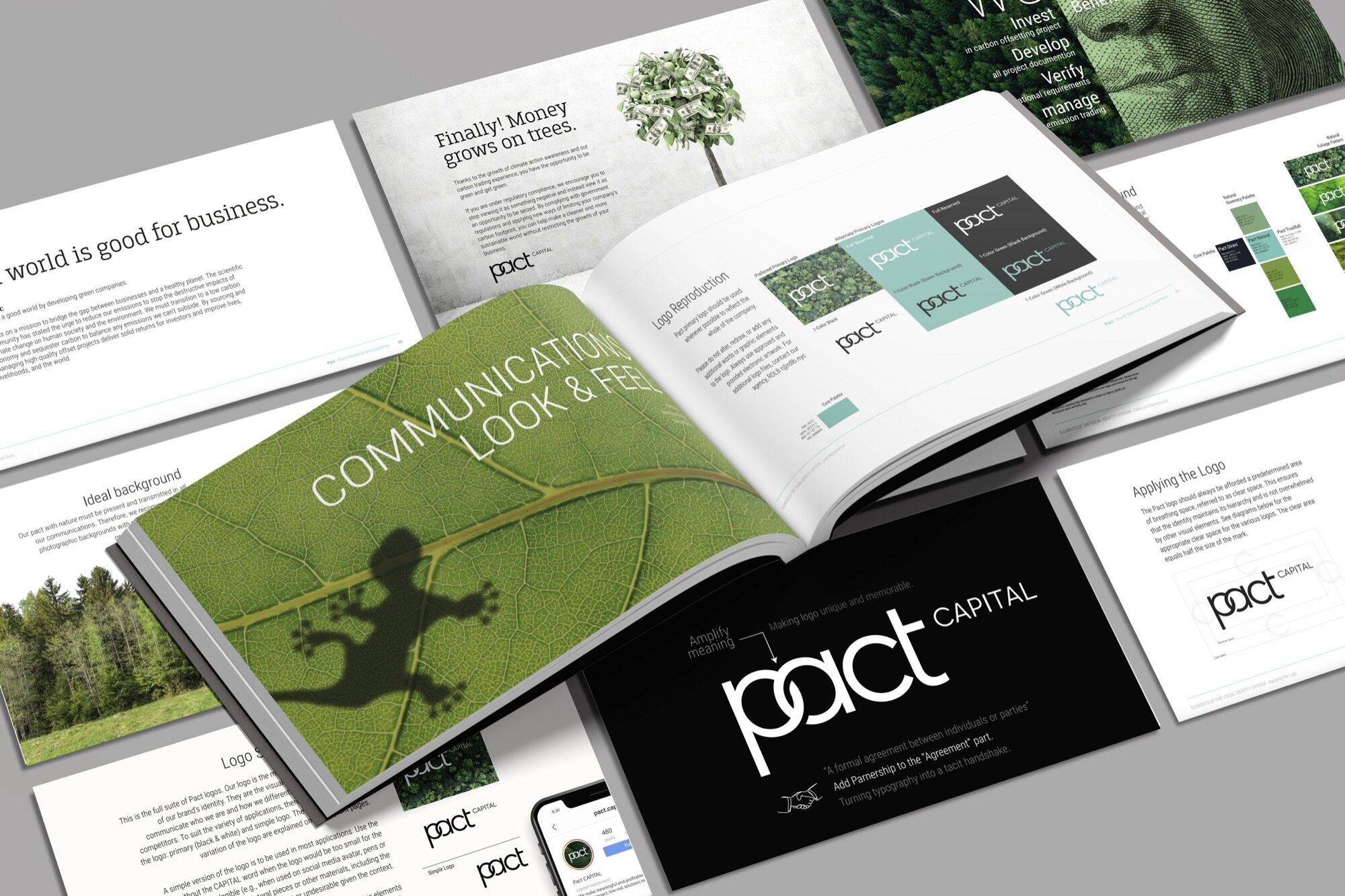 A brand book showing communicate, look and feel